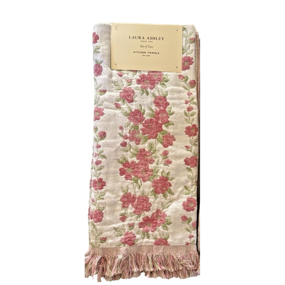 Laura Ashley Kitchen Dish Towels Pink Flowers 100% Cotton Fringe 18X28 Set of 2